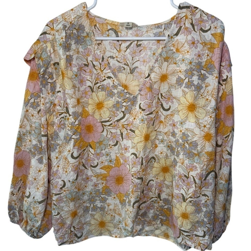 a.n.a a new approach‎ Floral V-Neck Blouse XL Hollie Floral Pink Yellow
